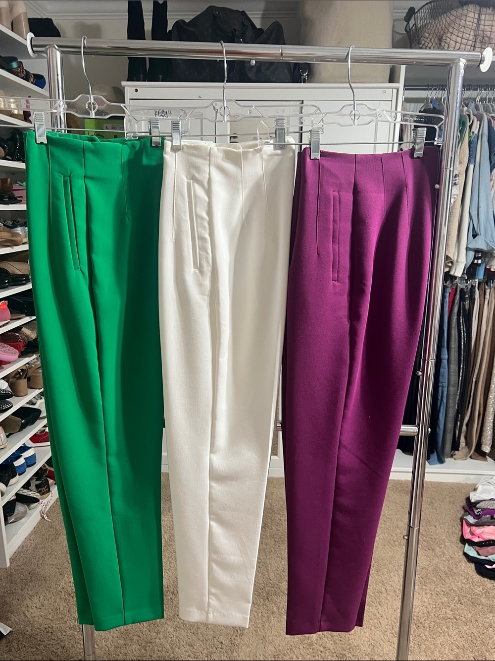 Zara Colorblock Tailored High-Waist Trousers - Green, Cream, Purple